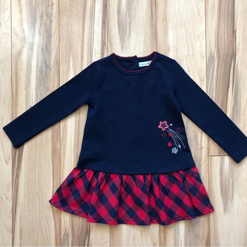 NWOT Bolo Little Girls Long Sleeve Navy Blue & Red Stars Dress (Size: 2T)